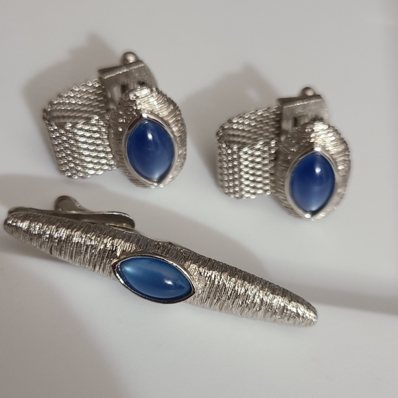 Vintage swank men's money clip & cuff links silver blue cats eye estate wedding